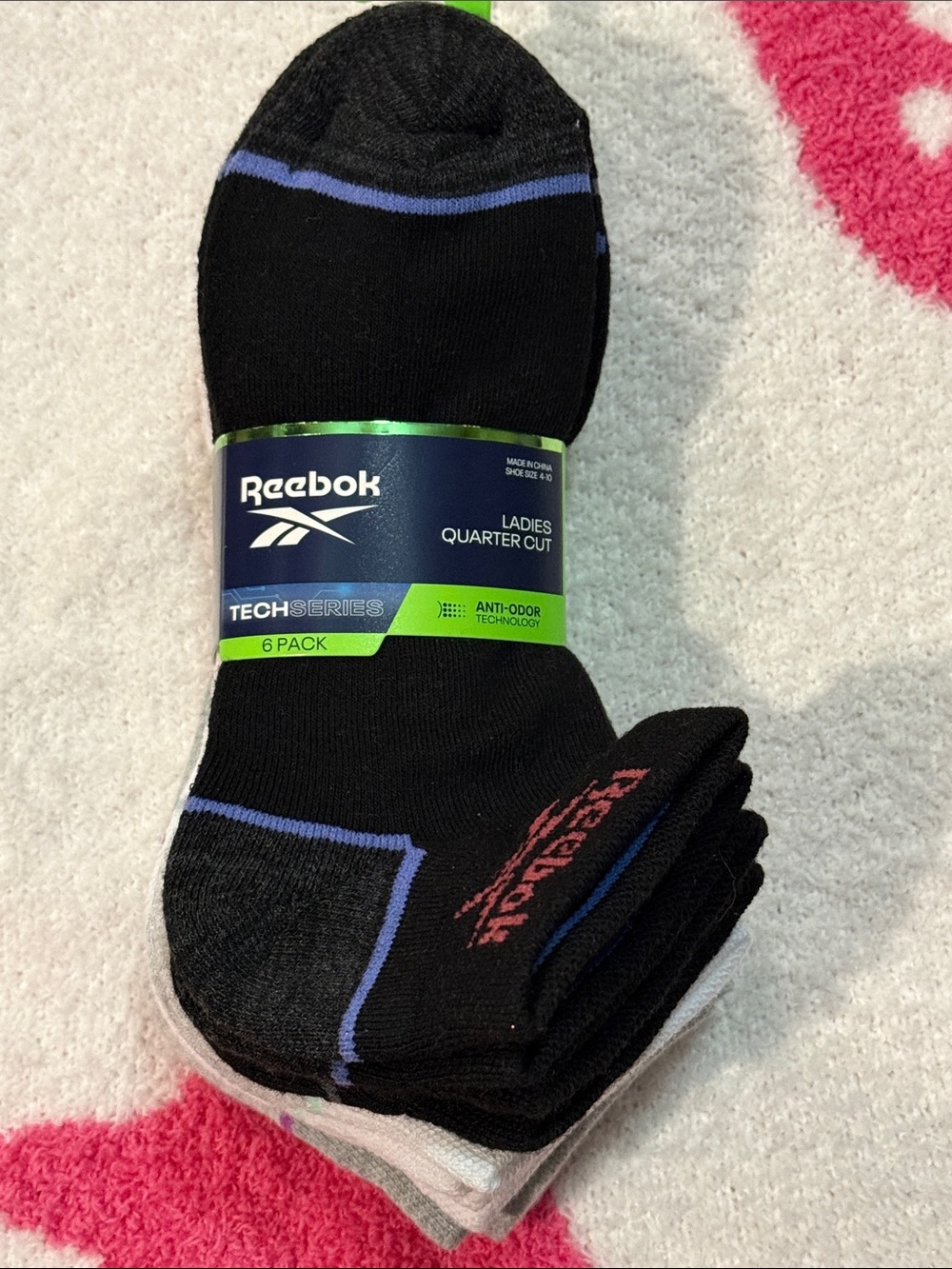 Reebok Ladies Black Socks with Purple and Red Accents - Quarter Cut 6 Pack